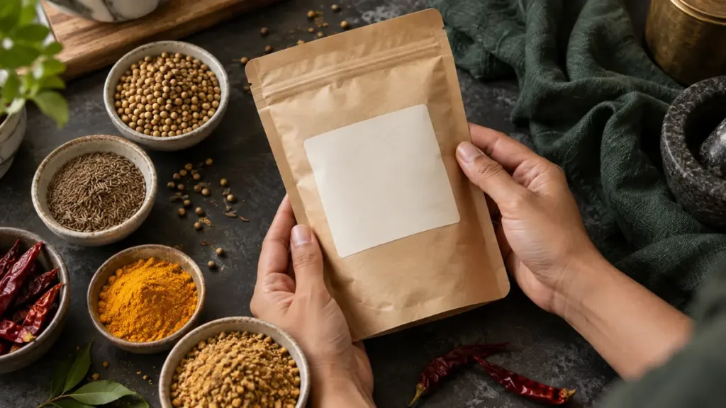 Hands holding an unbranded spice pouch beside bowls of spices