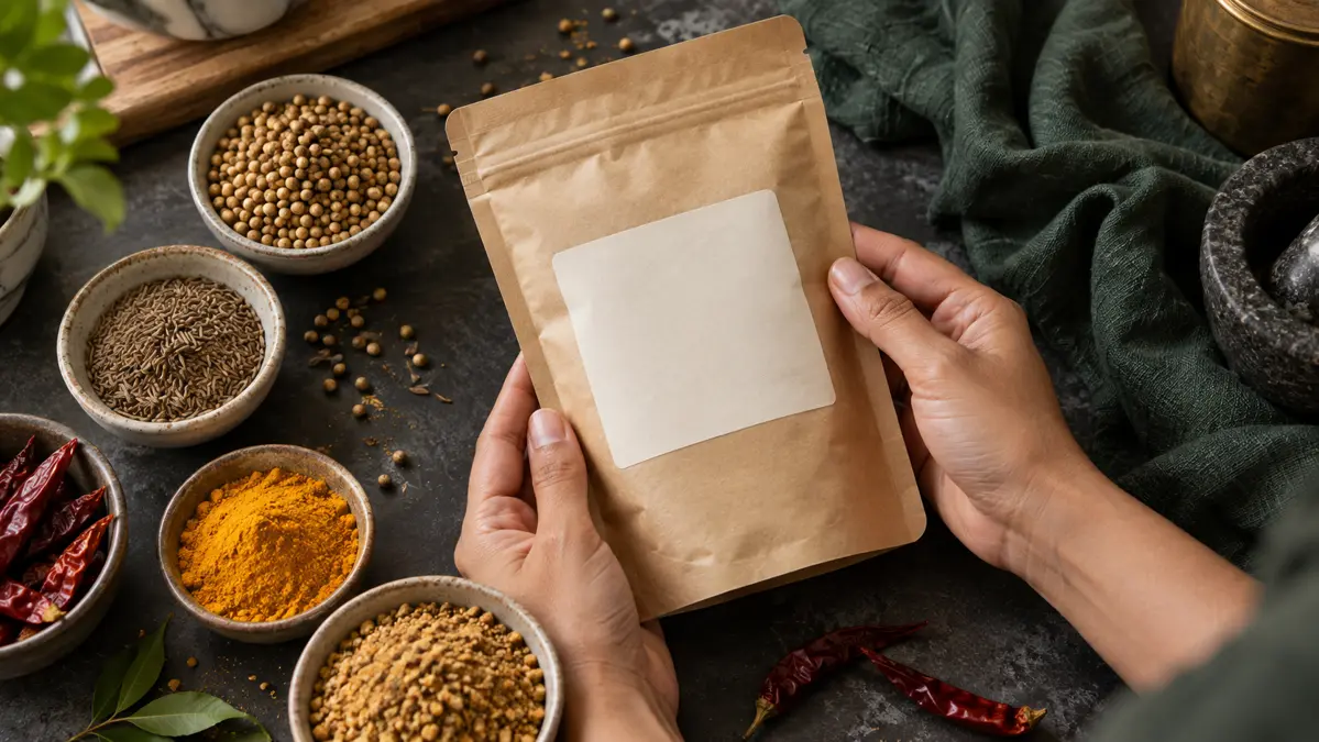 Hands holding an unbranded spice pouch beside bowls of spices