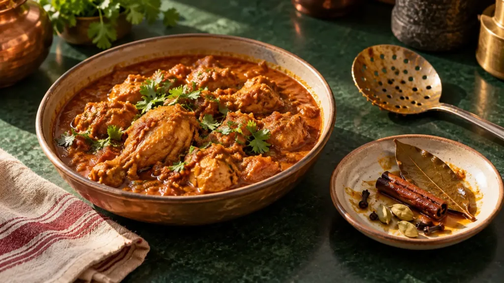 Finished curry beside bay leaf, cinnamon, cardamom and cloves removed before serving