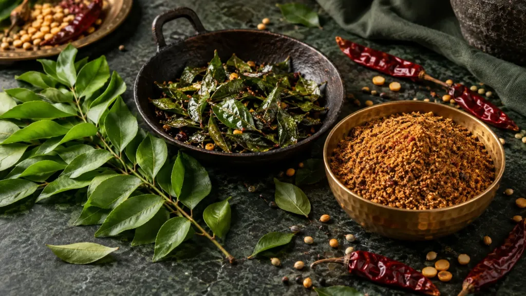 Fresh curry leaves, gently roasted curry leaves and a bowl of podi