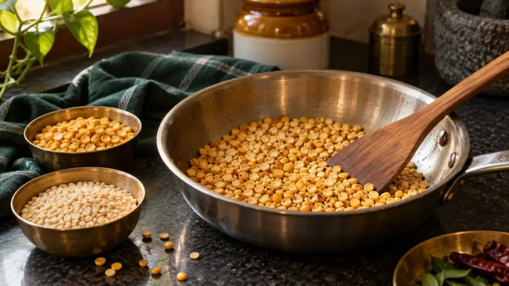 Golden roasted dal in a steel pan with bowls of raw chana and urad dal