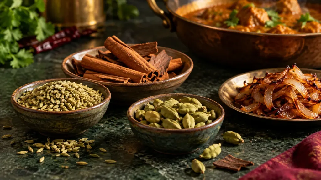 Fennel seeds, cinnamon, green cardamom and browned onions beside a curry