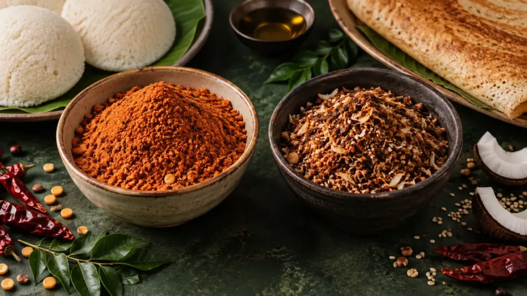 Tamil milagai podi and Karnataka chutney pudi in separate bowls