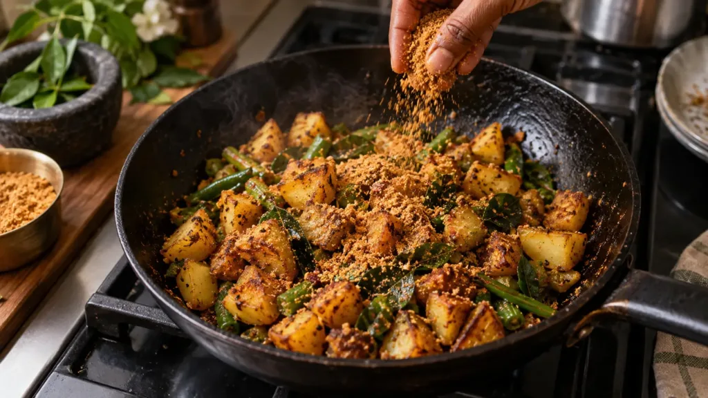 Podi being sprinkled over hot roasted potatoes and vegetables