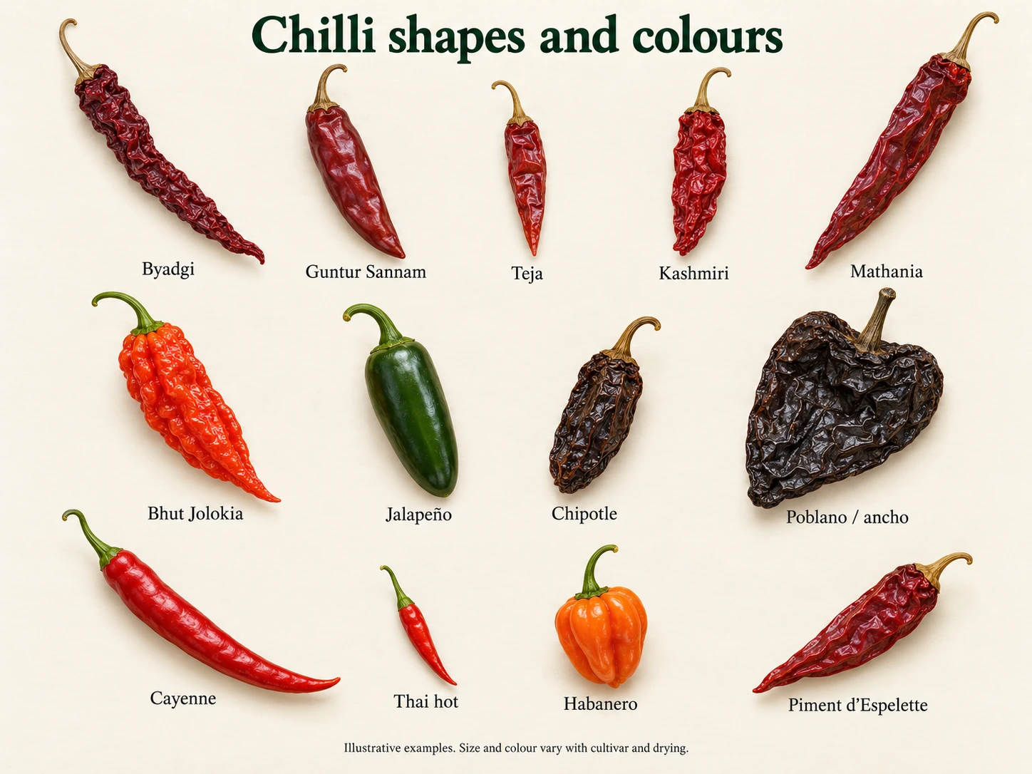 Labelled illustration of 13 chilli types comparing representative shapes, colours and relative sizes