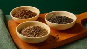 Illustrative bowls of whole cumin, caraway and dark shahi jeera-style spice seeds.