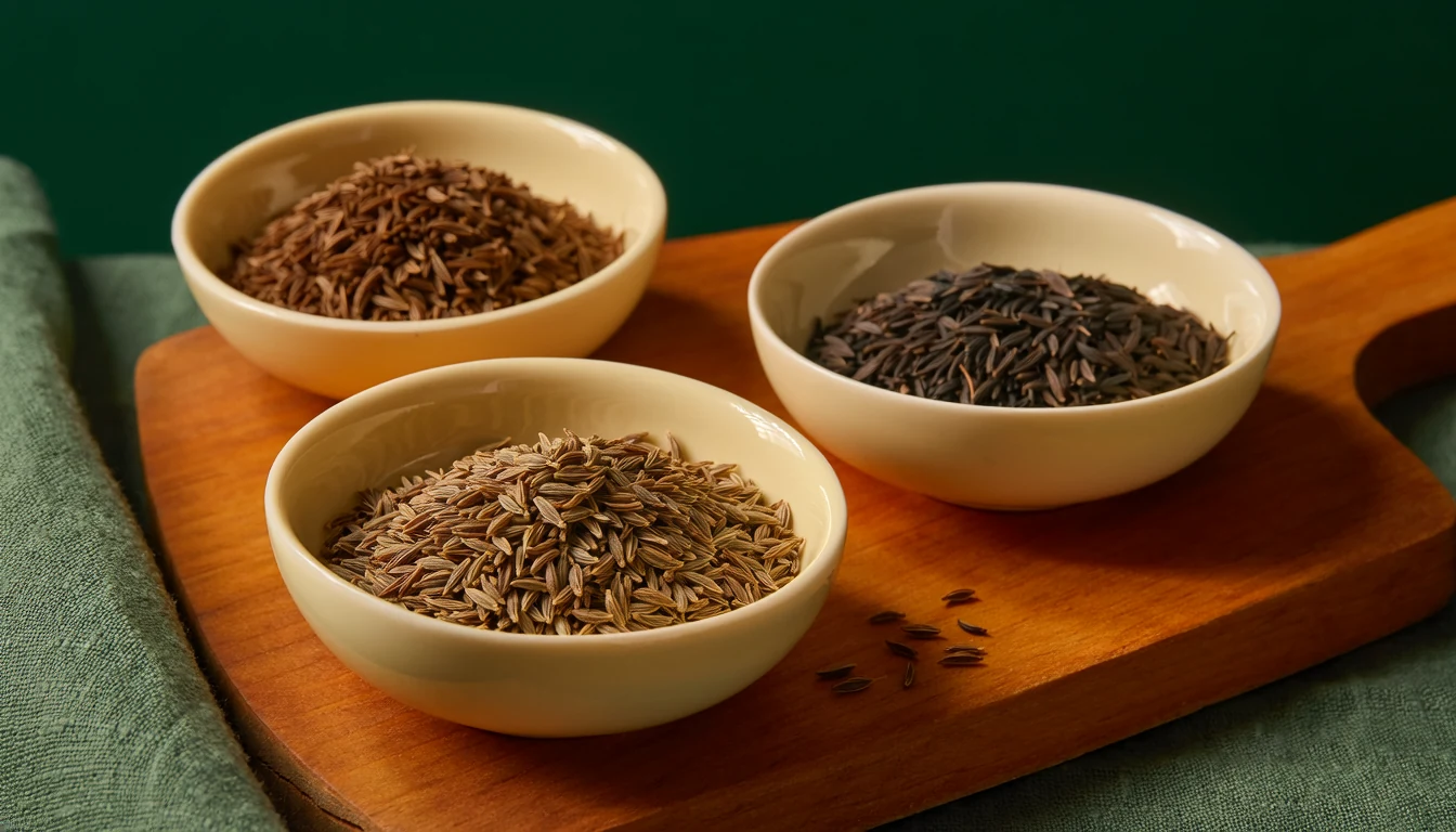 Illustrative bowls of whole cumin, caraway and dark shahi jeera-style spice seeds.