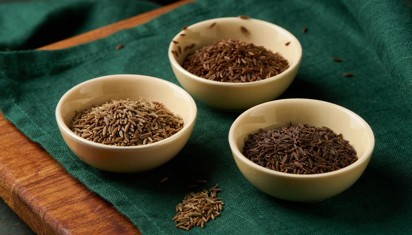 Illustrative bowls of whole cumin, caraway and dark shahi jeera-style spice seeds.