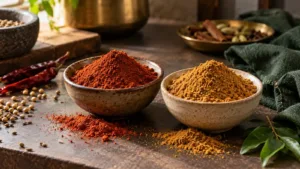 Two bowls of dark red and light brown masala powders