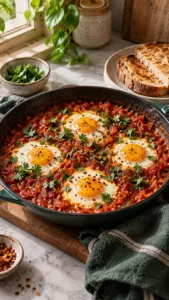 Four eggs cooked in podi tomato sauce served with toast