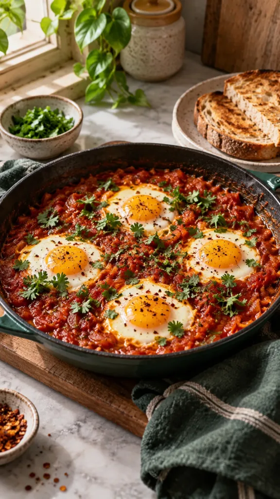Four eggs cooked in podi tomato sauce served with toast