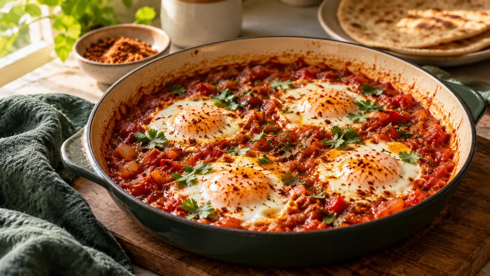 Eggs cooking in wells in a thick podi tomato sauce