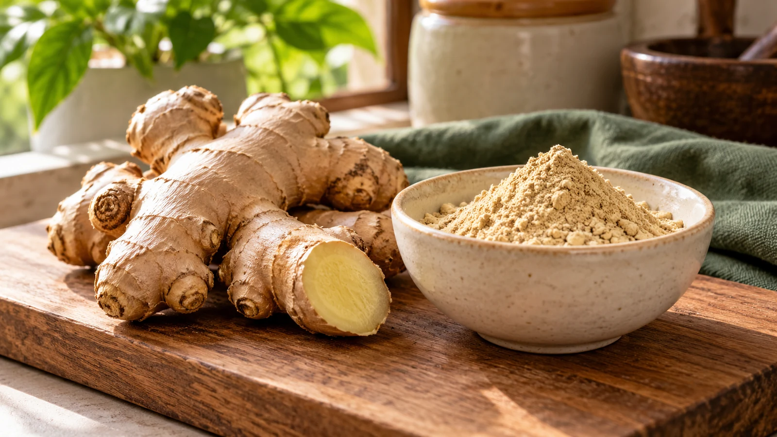 Fresh ginger rhizomes beside a bowl of dry ginger powder