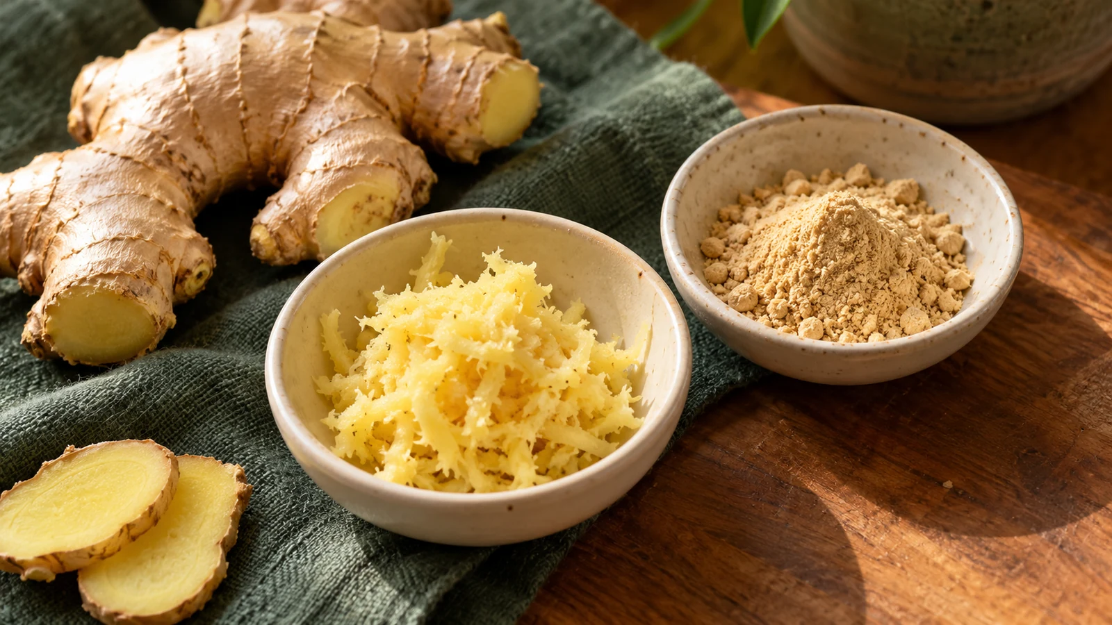Grated fresh ginger and dry ginger powder in separate bowls