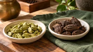 Small green cardamom pods beside larger ridged black cardamom pods
