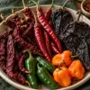 Assorted dried red chillies with green jalapenos and orange habaneros