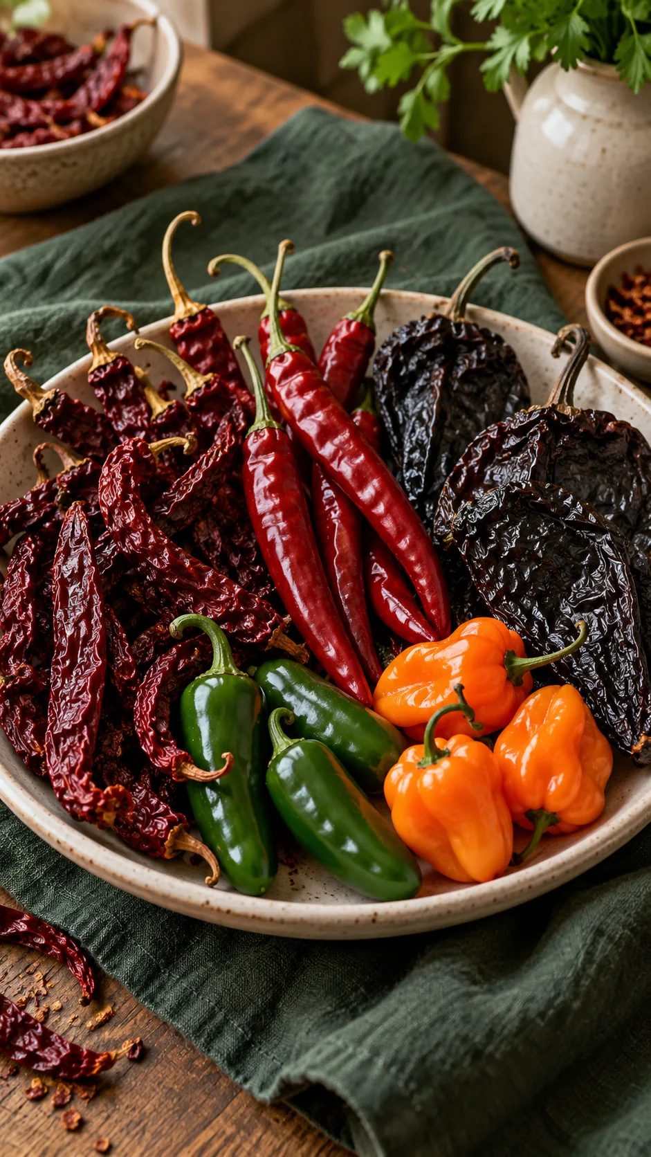 Assorted dried red chillies with green jalapenos and orange habaneros