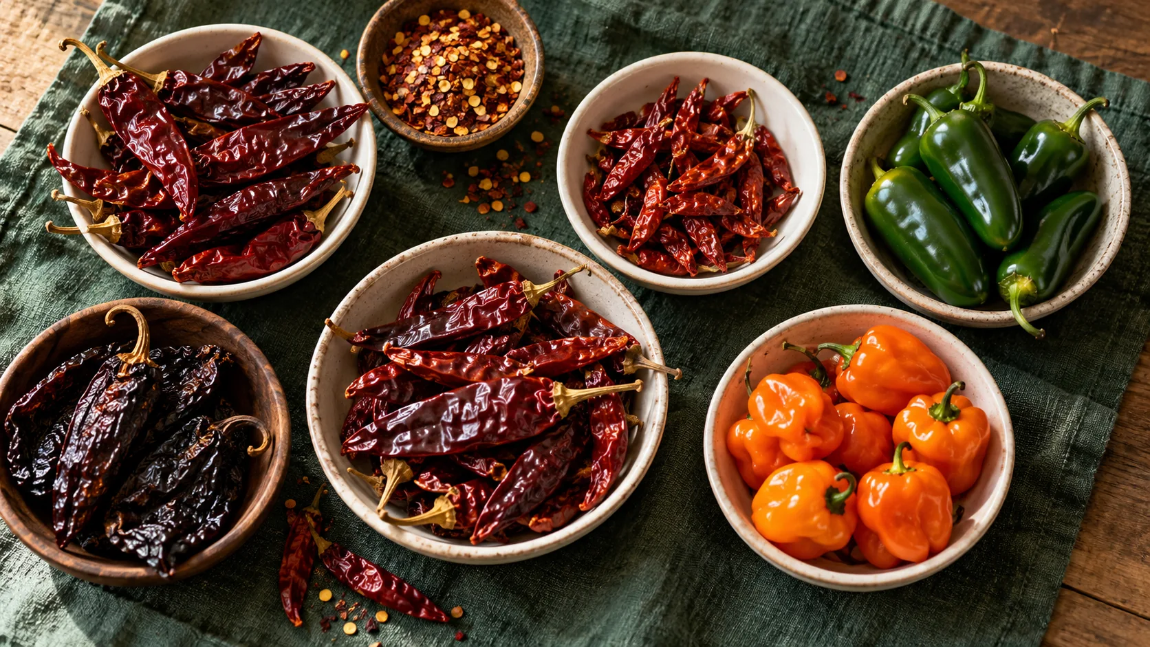 Separate bowls of dried red chillies and fresh peppers