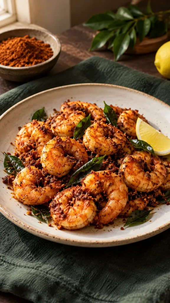 Cooked Karnataka podi prawns with curry leaves and lemon