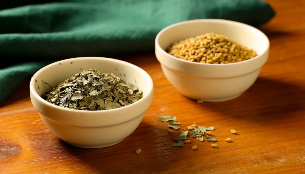 Separate bowls of dried fenugreek leaves and yellow-brown fenugreek seeds.