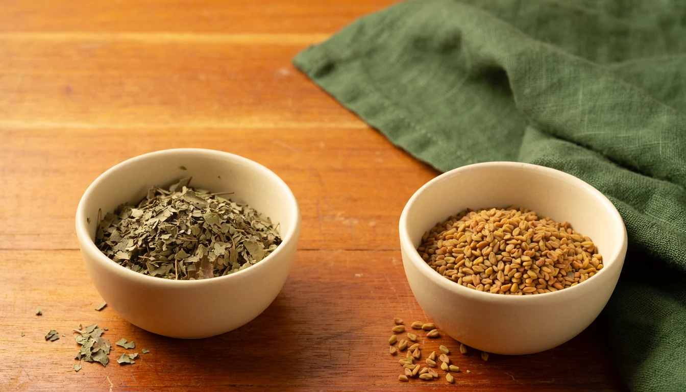 Separate bowls of dried fenugreek leaves and yellow-brown fenugreek seeds.