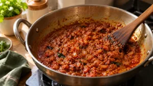 Cooked onion-tomato masala with oil visible near the edges