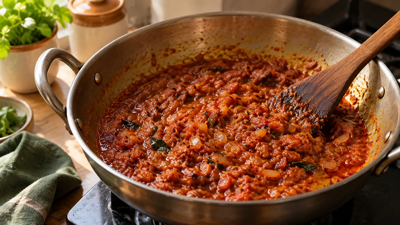 Cooked onion-tomato masala with oil visible near the edges
