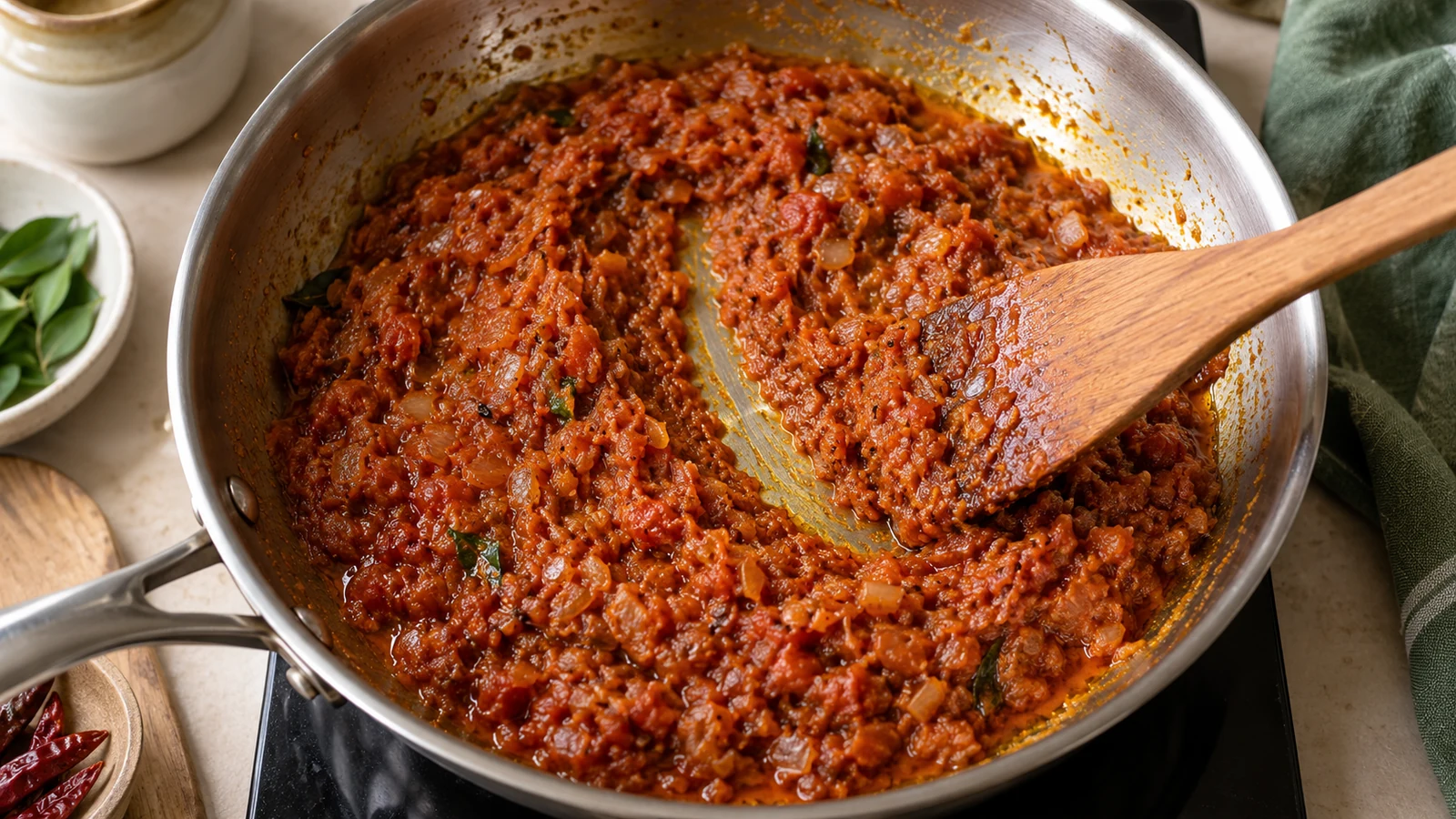 A spatula drawn through thick cooked masala with small oil pockets