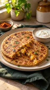 Golden aloo paratha opened to show podi-seasoned potato filling