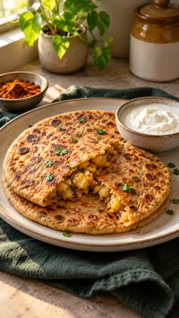 Golden aloo paratha opened to show podi-seasoned potato filling