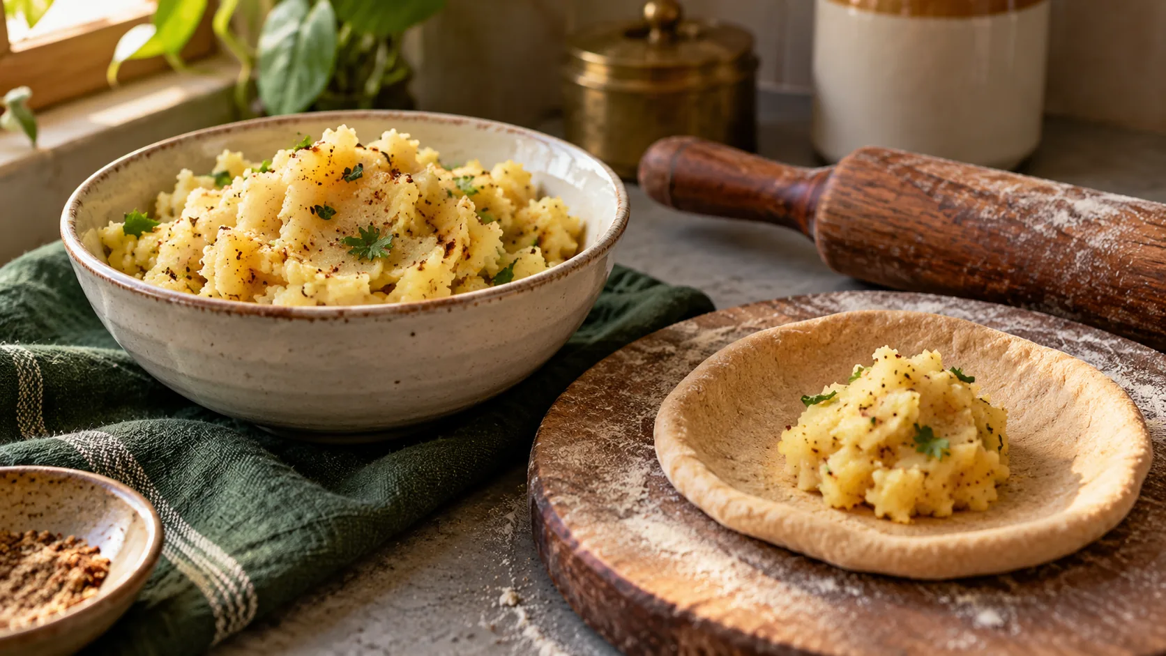 Podi potato filling beside an open whole-wheat dough disc