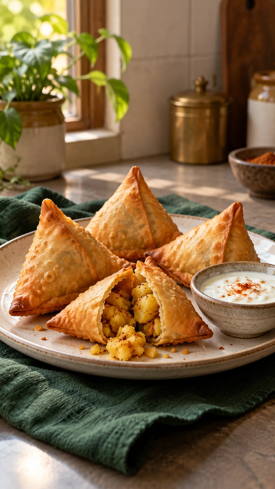 Crisp aloo samosas with podi-seasoned potato filling