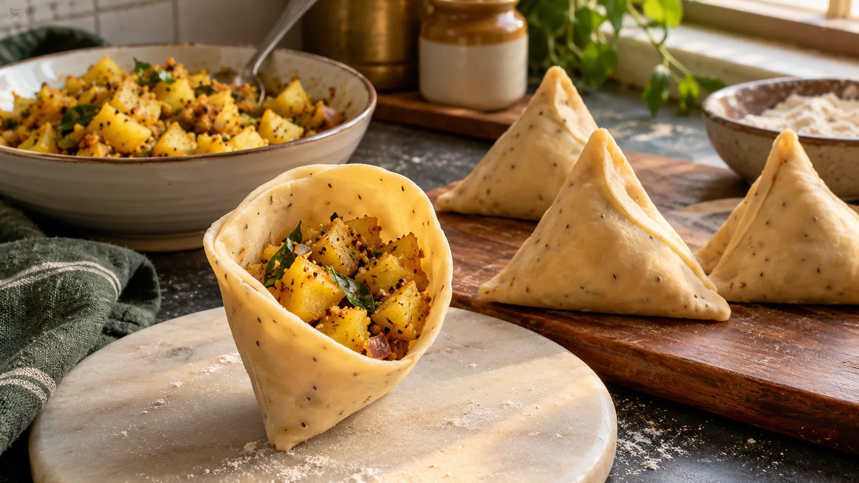Raw samosa cone with podi potato filling beside sealed samosas