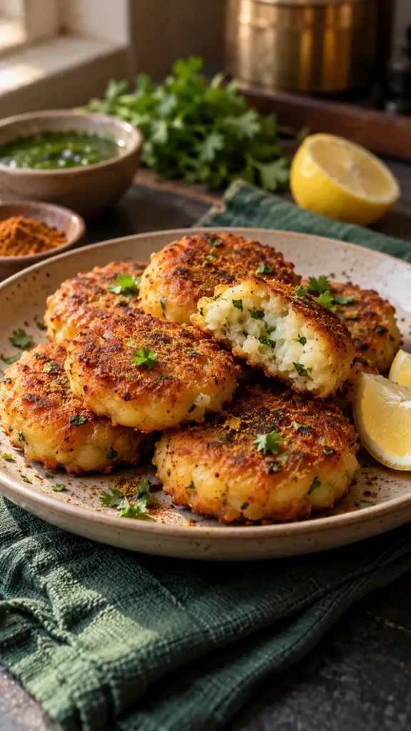 Golden podi aloo tikki with crisp edges and soft potato inside