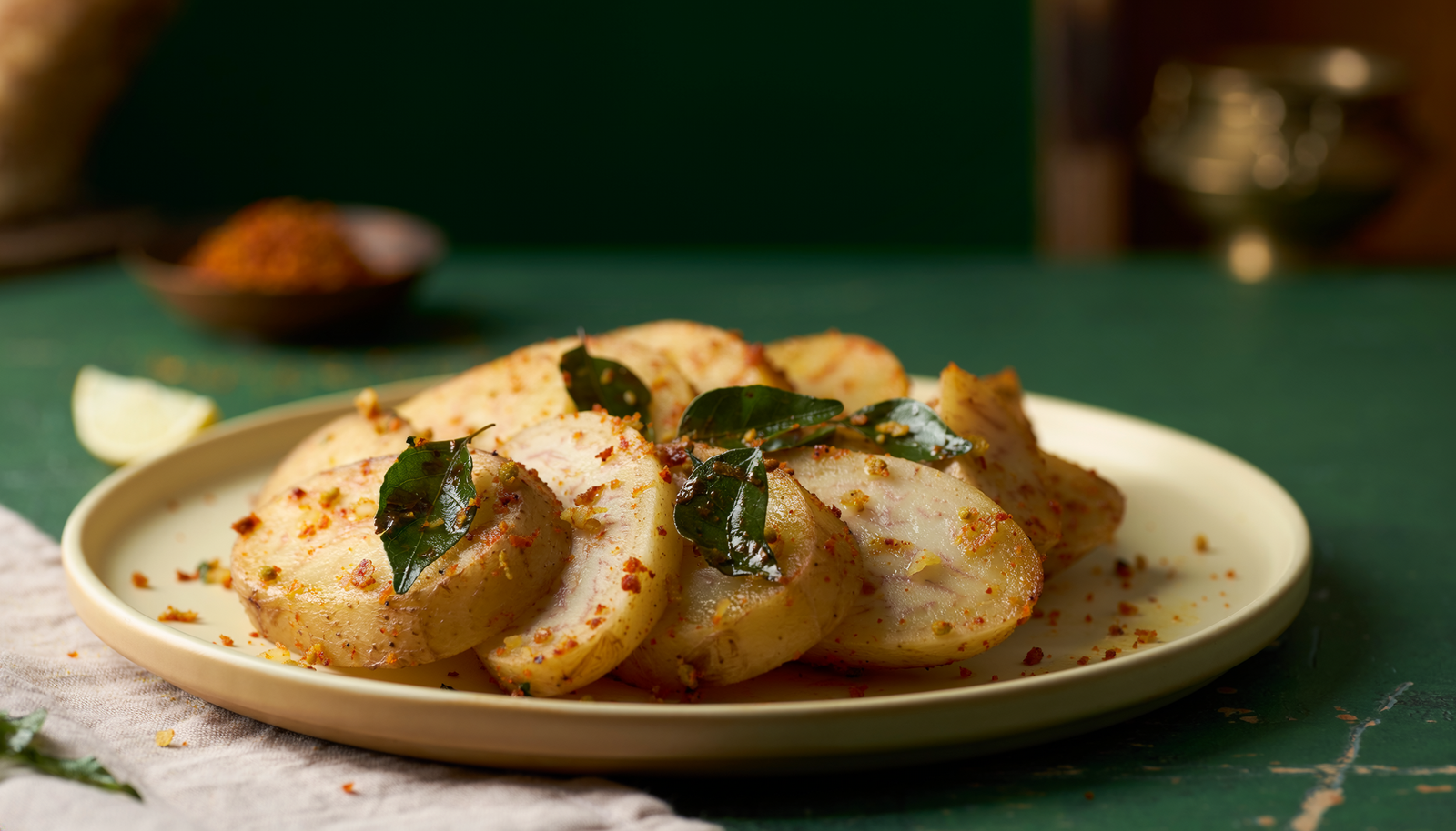 Cooked taro slices with browned edges and a light podi coating on a cream plate.