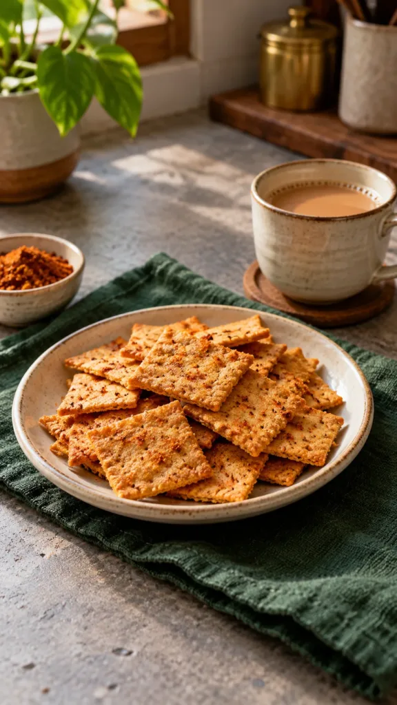 Golden baked atta crackers seasoned with podi beside a cup of chai