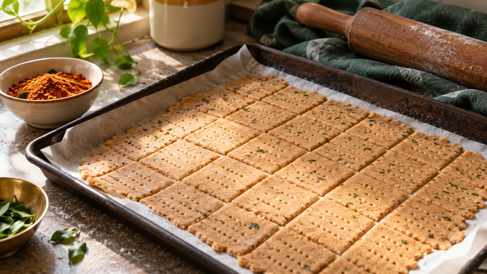 Thin podi cracker dough cut and pricked on a baking tray