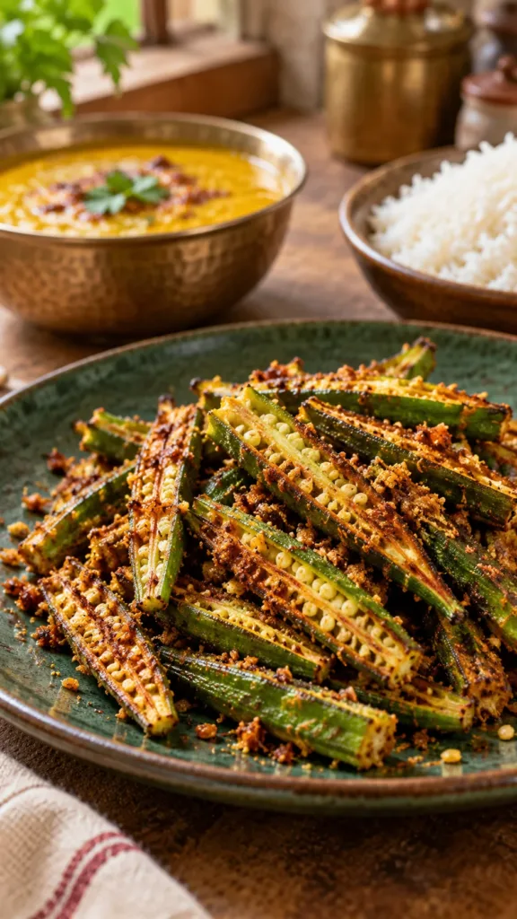Roasted bhindi with a thin besan and podi coating on a green plate