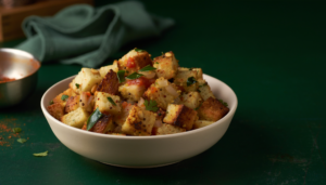 Bread upma with distinct bread cubes, onion, tomato and a light podi coating.