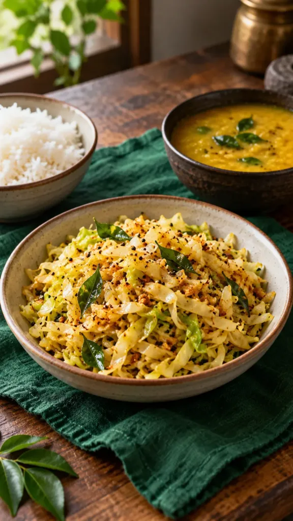 Podi cabbage stir-fry served beside bowls of dal and rice