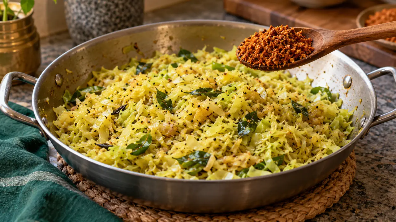 Cooked shredded cabbage in a wide pan with a spoon of podi ready to add