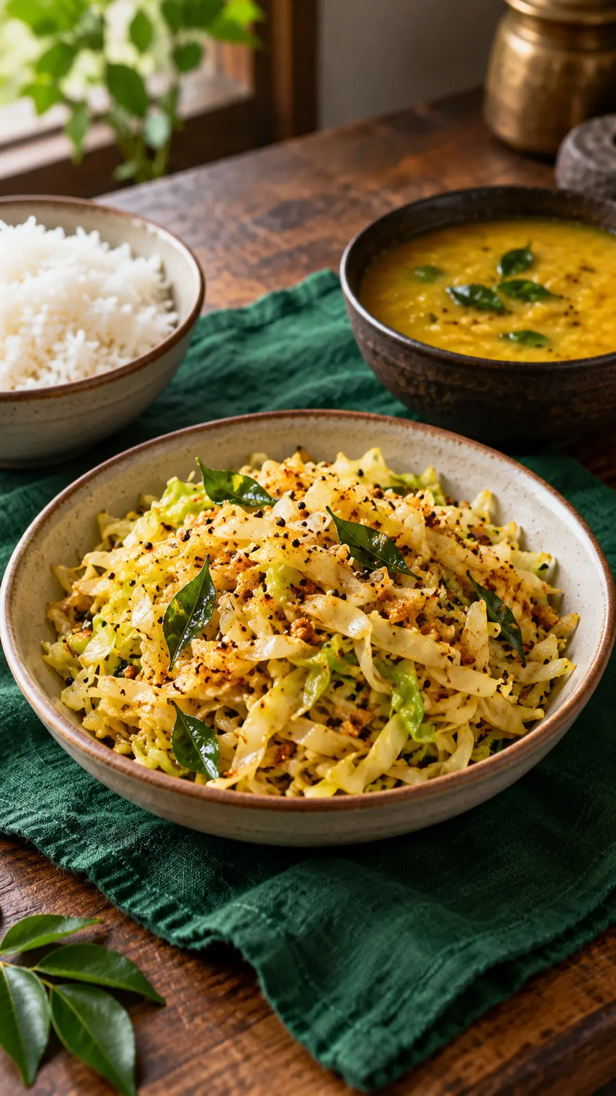 Podi cabbage stir-fry served beside bowls of dal and rice
