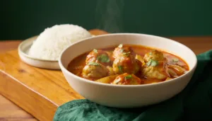 Cooked chicken meatballs in onion-tomato gravy served with rice.