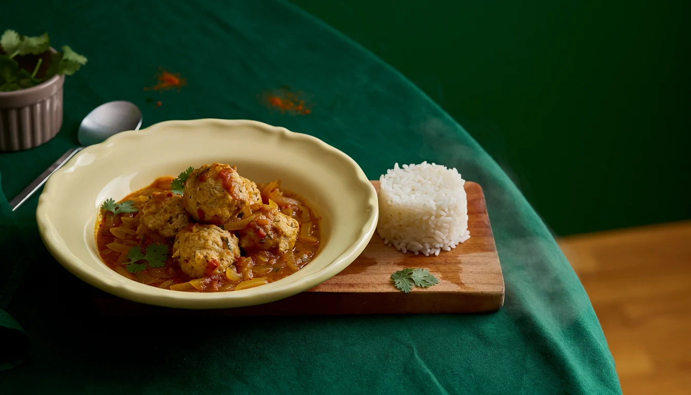 Cooked chicken meatballs in onion-tomato gravy served with rice.