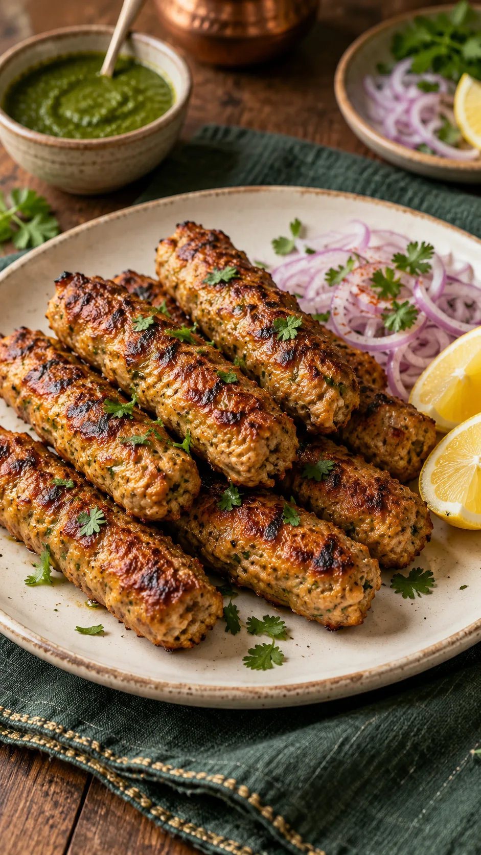 Cooked podi chicken seekh kebabs with lemon and onion