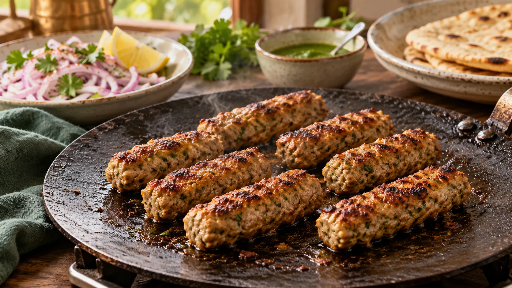 Chicken seekh kebabs browning on a tawa