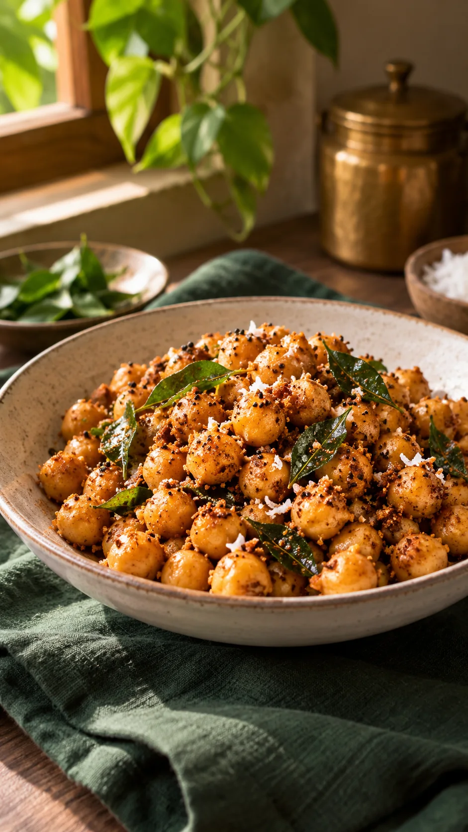 Warm chickpea sundal with podi, mustard seeds and curry leaves
