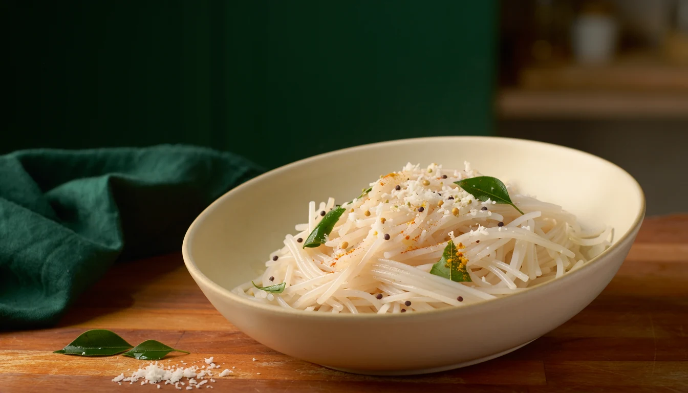 Rice sevai with grated coconut, curry leaves and a light podi finish.