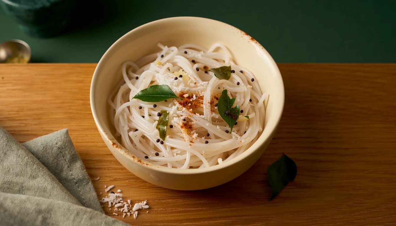 Rice sevai with grated coconut, curry leaves and a light podi finish.