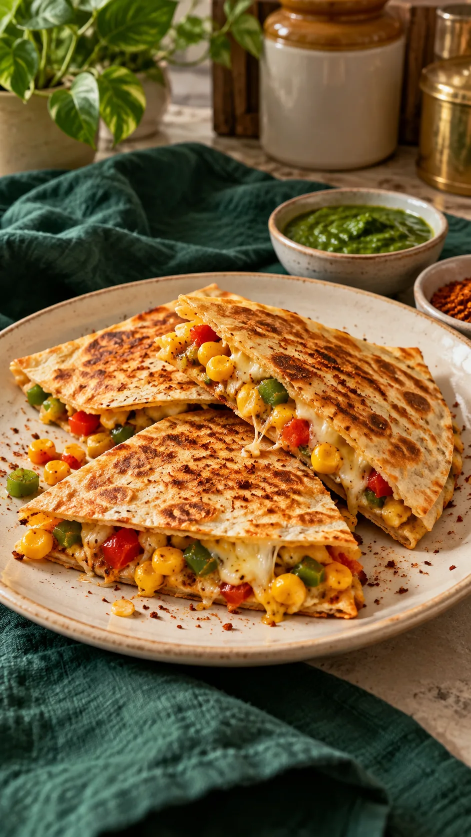 Podi corn and cheese quesadilla wedges on a plate